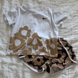 Nike White Crop Tee & Tan Floral Athletic Shorts Set